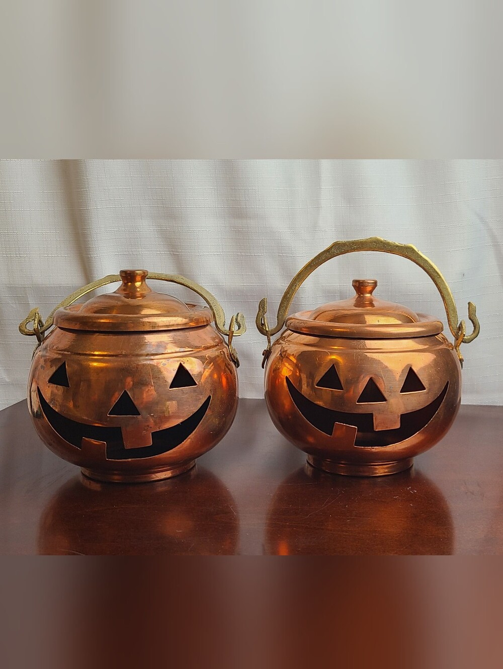 2 Vtg Copper Jack-O-Lanterns Lidded Pumpkin Pots With Brass Handles Made Turkey